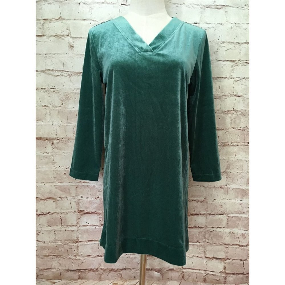 Land's End Womens VELVET TUNIC TOP Fresh Spruce Green V-Neck 3/4 Sleeve Size XS